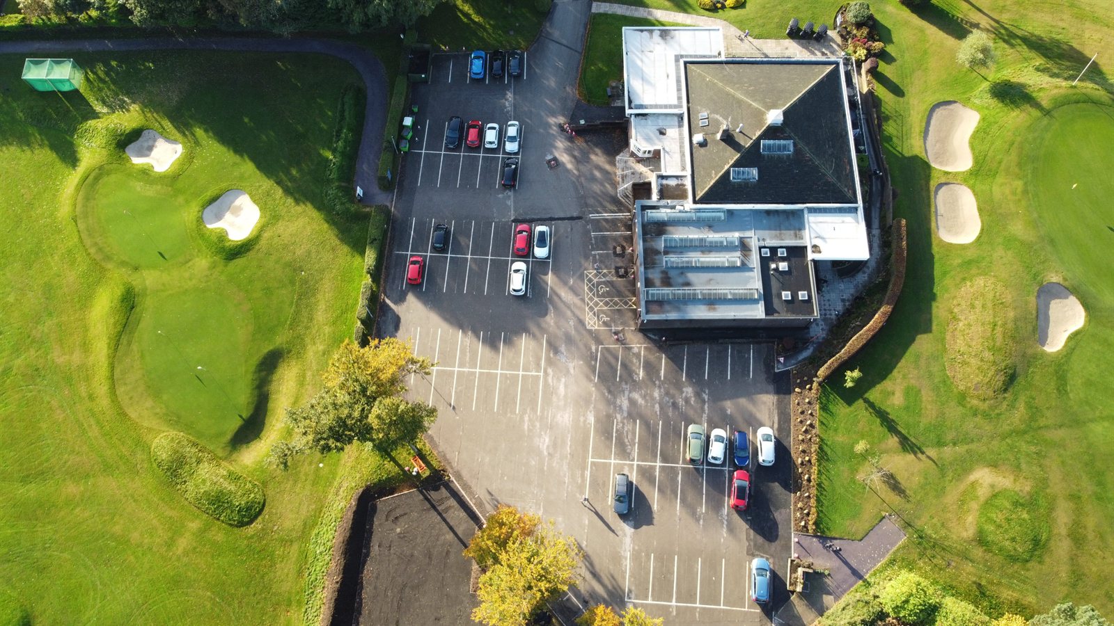 Aerial view of the resurfaced Sand Moor Golf Club car park in Leeds