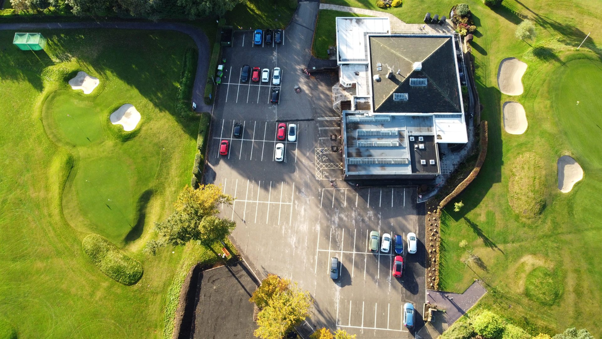 Top-down drone view of Sand Moor Golf Club car park before resurfacing