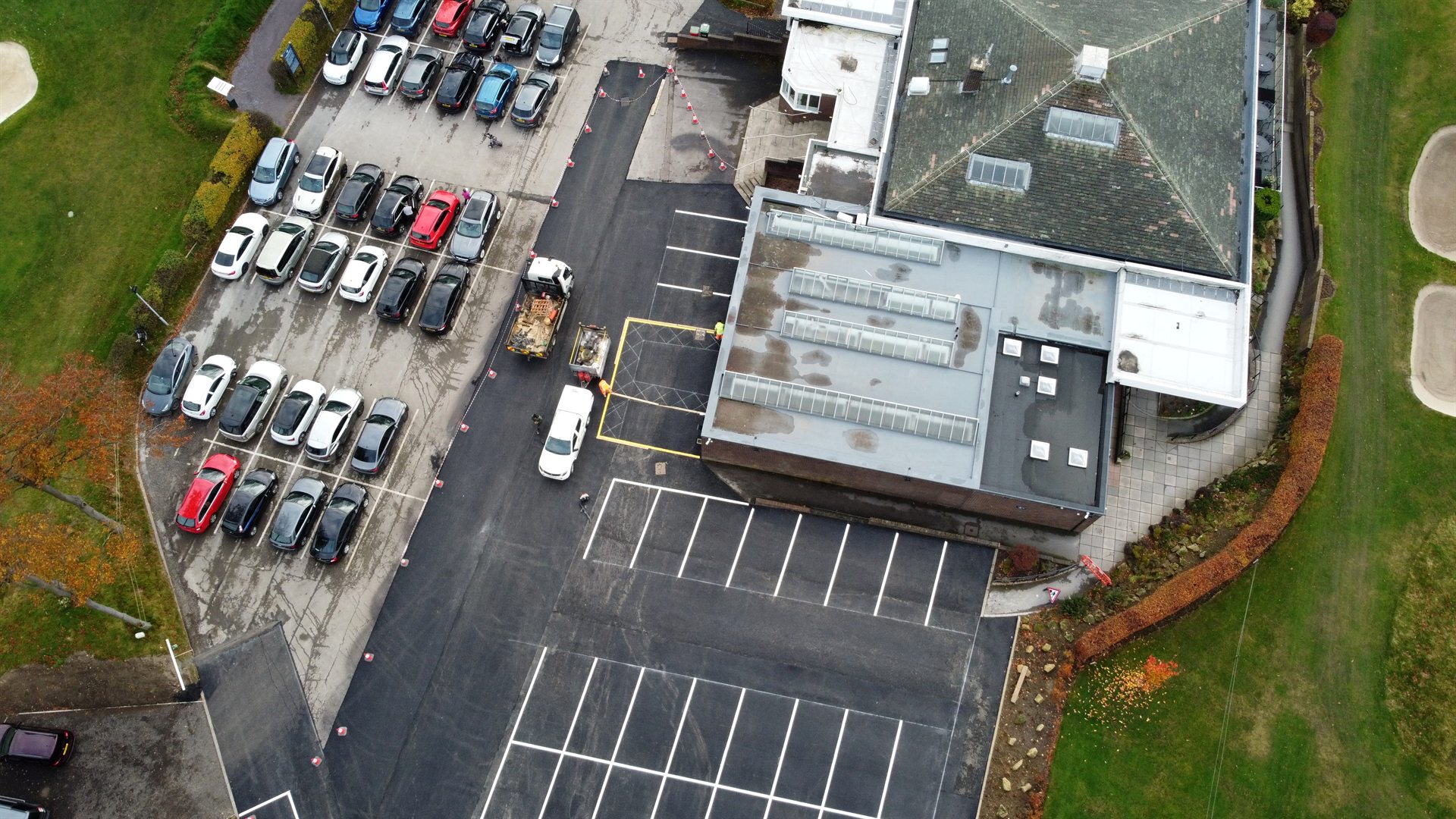 Drone view of new parking bays beside Sand Moor Golf Club clubhouse