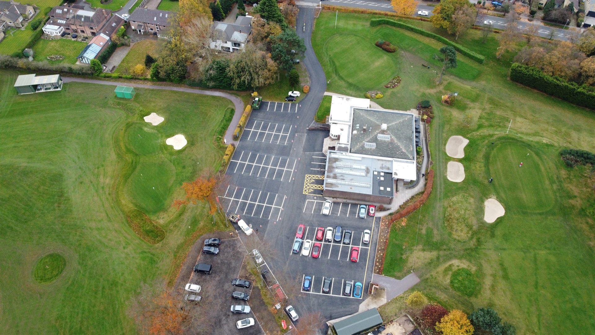 Wide drone view of completed Sand Moor Golf Club car park