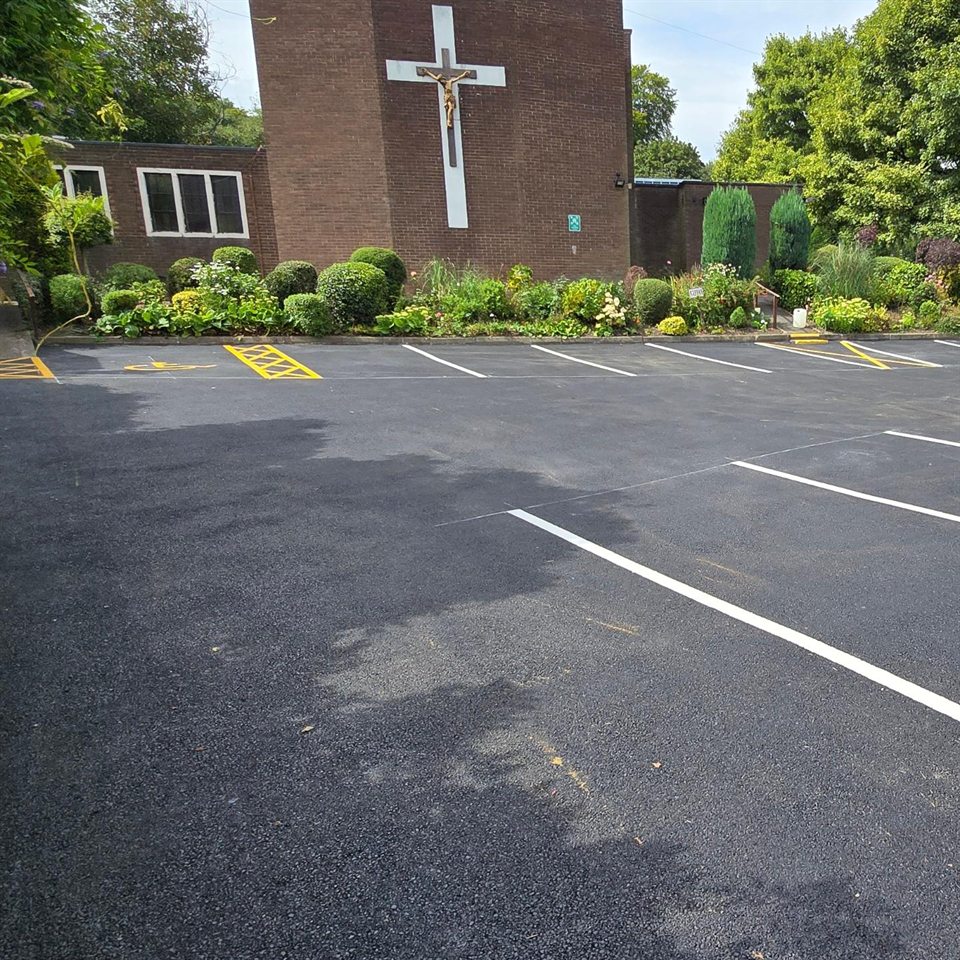 Resurfaced and newly lined car park at St Urban's Church in Headingley